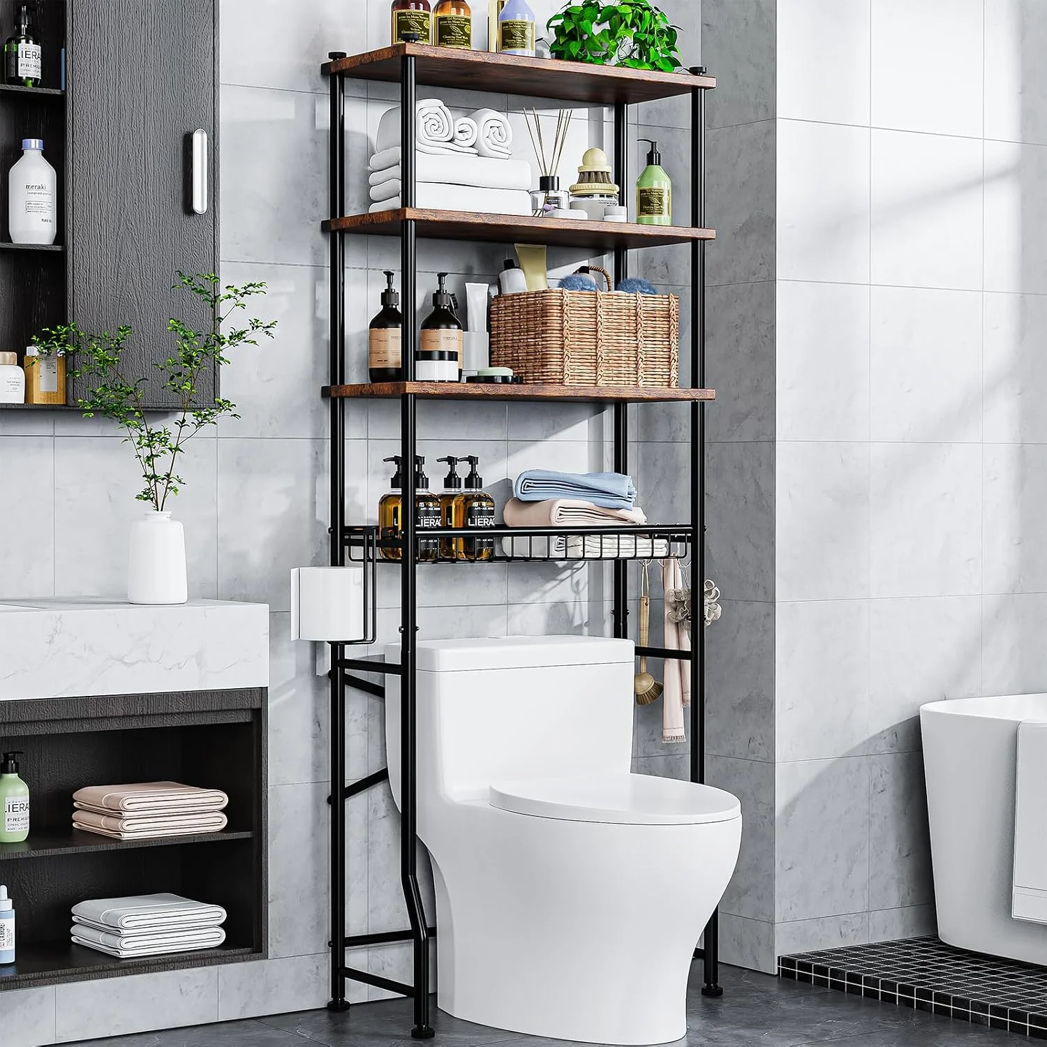Over-The-Toilet Storage Rack, 4-Tier Bathroom Organizer Shelf Over Toilet with Adjustable Shelf and Basket, Freestanding Space Saver Bathroom Shelves Above Toilet for Room (Black) - Image 5