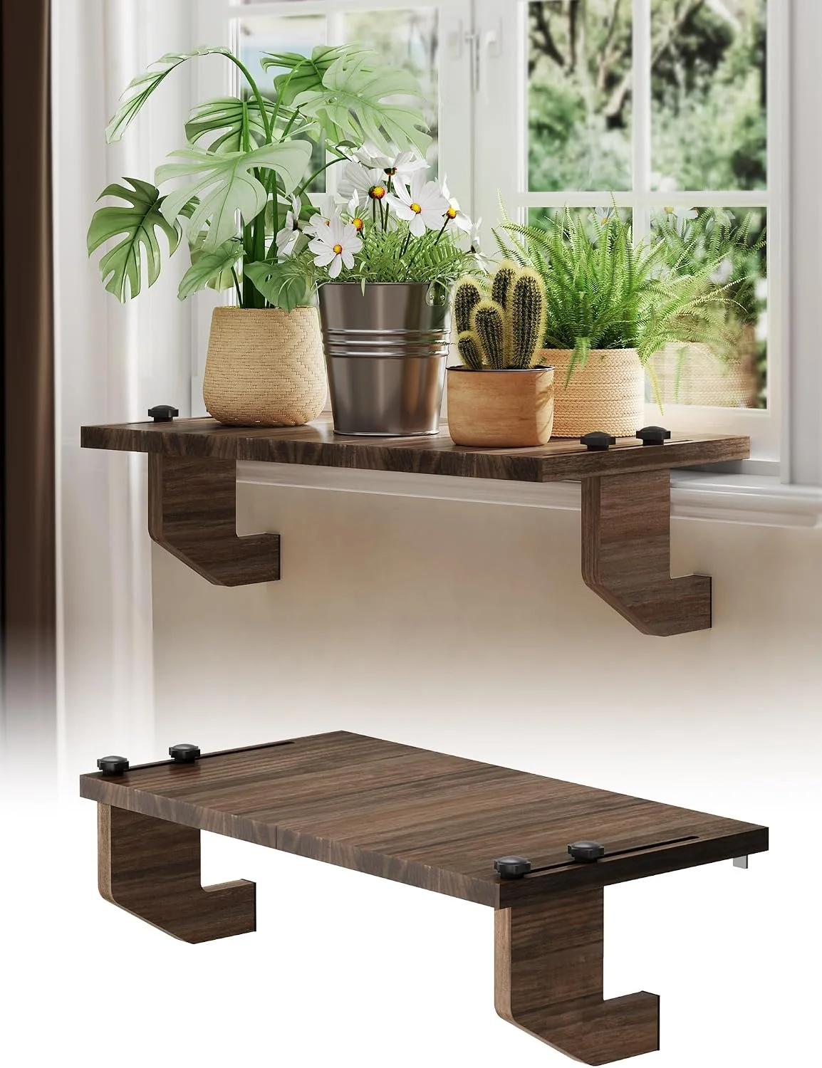 Window Sill Extender Plant Shelf, No Drill Wood Adjustable 21.2x11.8