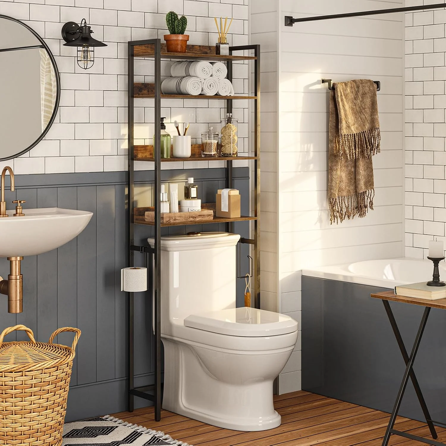 Over The Toilet Storage Rack, 4 Tier Bathroom Organizer Over Toilet, Freestanding Space Saver Toilet Stand with 2 Hooks, Bathroom Storage Shelf, Easy to Assemble, Rustic Brown TSHR0401Z - Image 3