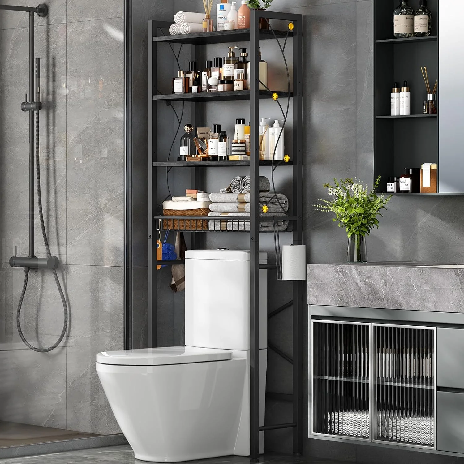 Over-The-Toilet Storage Rack, 4-Tier Bathroom Organizer Shelf Over Toilet with Adjustable Shelf and Basket, Freestanding Space Saver Bathroom Shelves Above Toilet for Room (Pure White) - Image 2