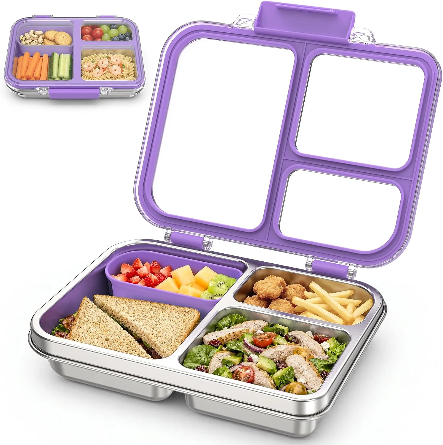 FAJSL Stainless Steel Bento Box for Kids, 3-Compartment Metal Lunch Box with Clear Lid & Removable Silicone, Lunch Box Kids with Silicone Inner Container for Meal Prep, School, Office (Grey) - Image 3