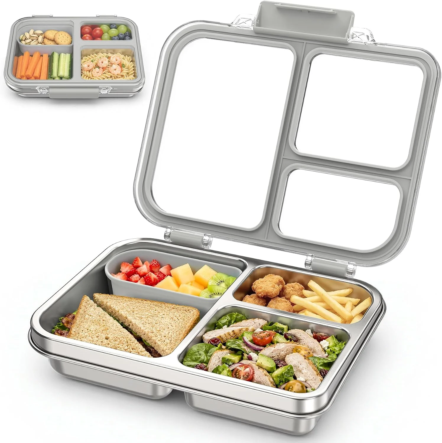 FAJSL Stainless Steel Bento Box for Kids, 3-Compartment Metal Lunch Box with Clear Lid & Removable Silicone, Lunch Box Kids with Silicone Inner Container for Meal Prep, School, Office (Grey) - Image 4