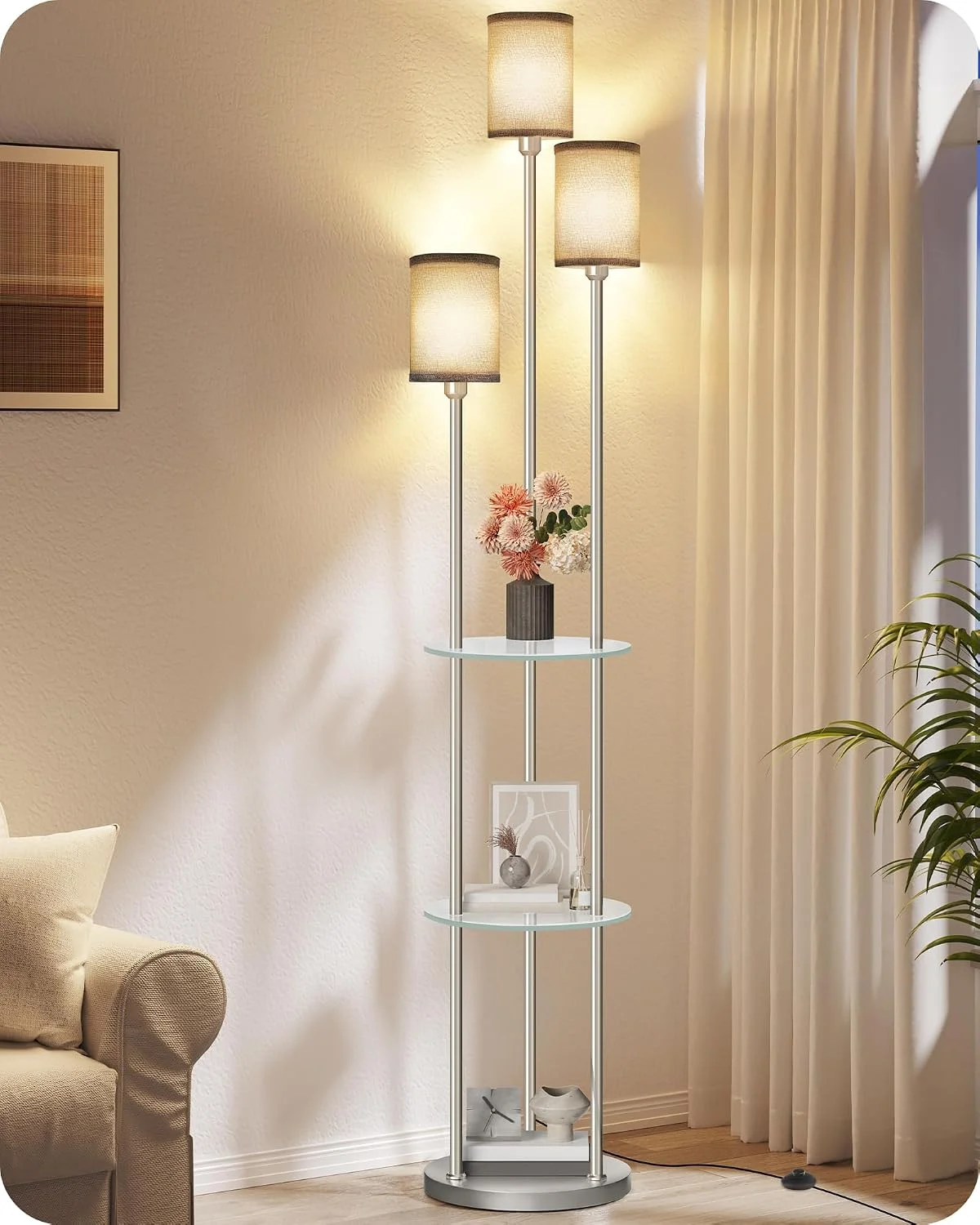 70.9 Floor Lamp with Shelves, Modern Floor Lamp with 3 Linen Shades and Foot Switch, 3-Light Standing Lamp, for Living Room, Bedroom, Study, Office - Image 3