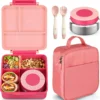 Bento Lunch Box Set for Kids with 8oz Soup Thermo, Leak-Proof Lunch Containers with 4 Compartment, Kids Thermo Hot Food Jar and Insulated Lunch Bag for Kid to School-Black