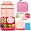 Bento Lunch Box with 8oz Soup Thermo, Kids Leakproof 4 Compartment Lunch Food Containers with Sauce Cup and Ice Pack, Kids Thermo Insulated Hot Food Jar and Lunch Bag for School, Trvael-Black