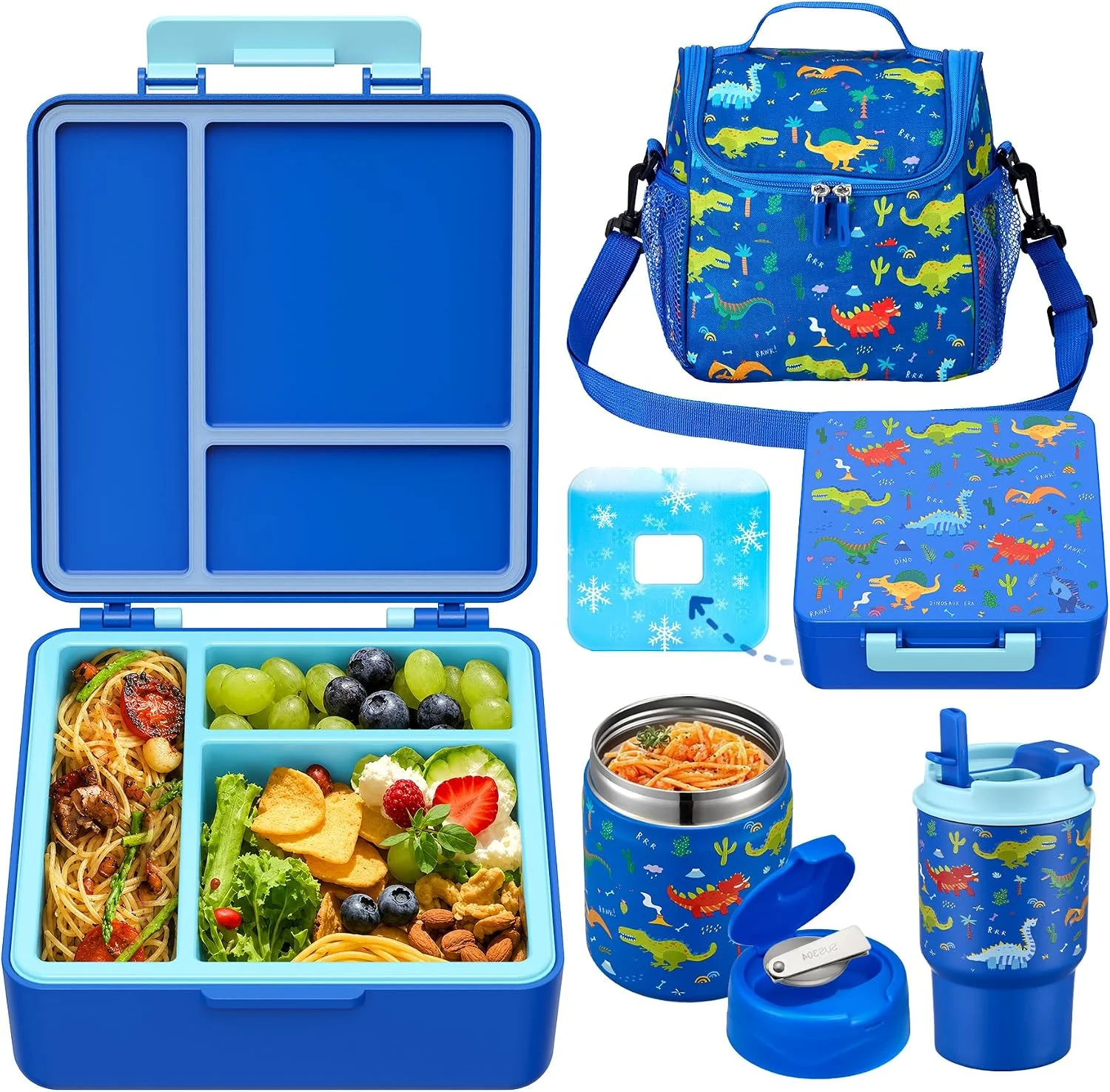 Bento Lunch Box for Kids with 17oz Soup Thermo, Insulated Tumbler Water Bottle and Insulated Lunch Bag, Leak-Proof 3 Compartment Lunch Food Container with Ice Pack for Kids to School-Dinosaur - Image 2