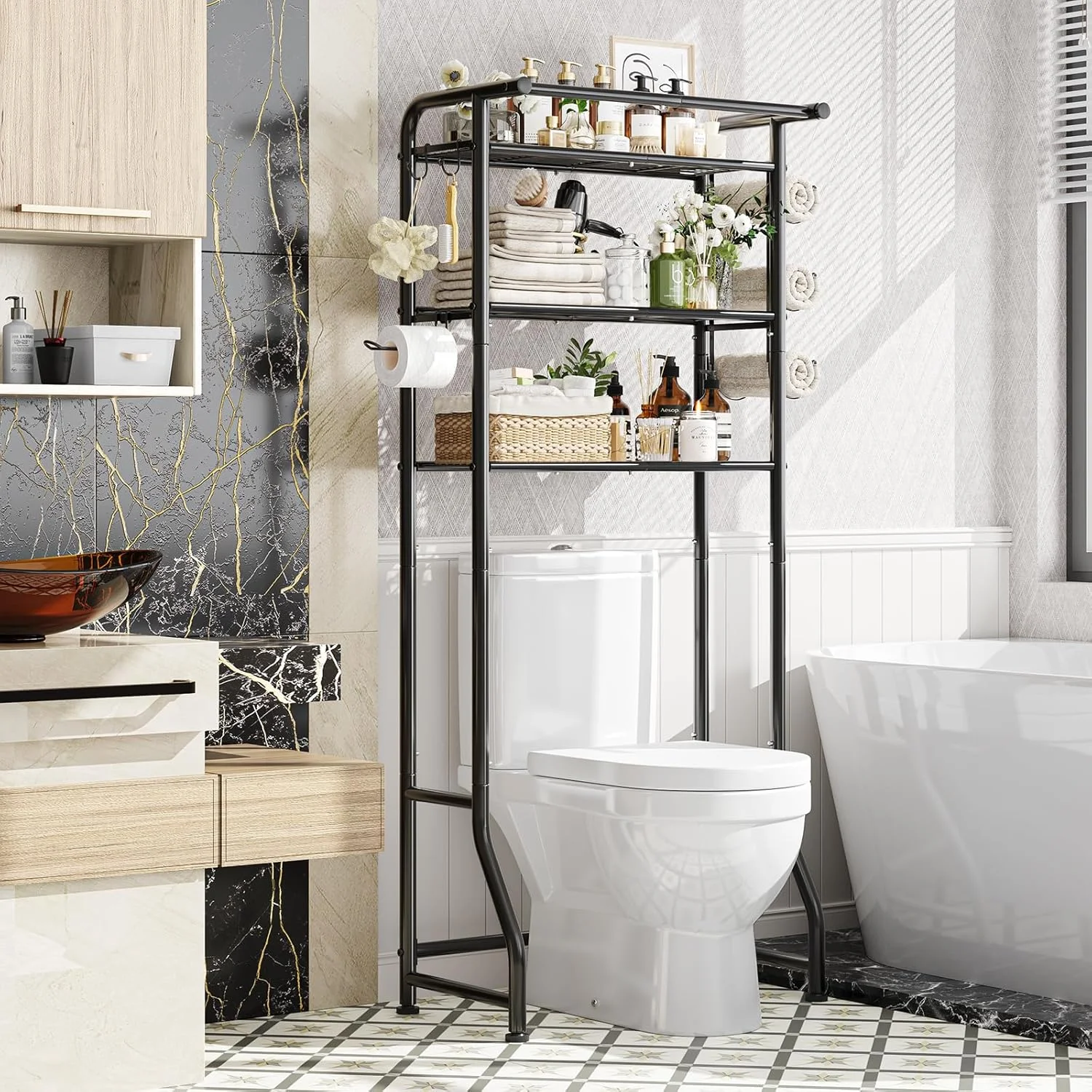 Trending Over The Toilet Storage Cabinet, Metal Bathroom Shelf Organizer with Paper Holder and Hooks, 3 Tier, Black - Image 4