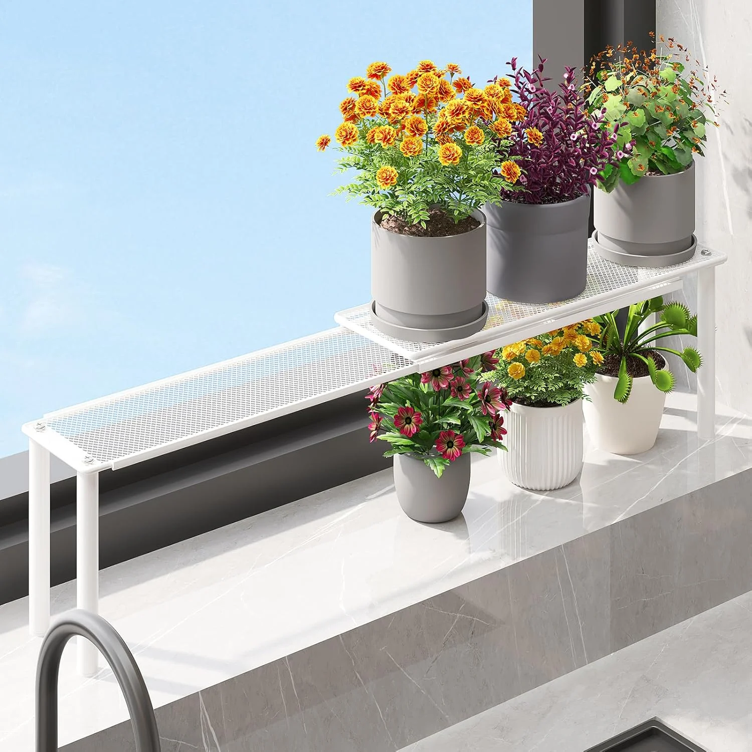 Expandable Kitchen Sink Organizer Window Shelf for Plants Stackable Narrow Shelves Kitchen Countertop Holder Mesh Design (2, White (Depth 3.54))
