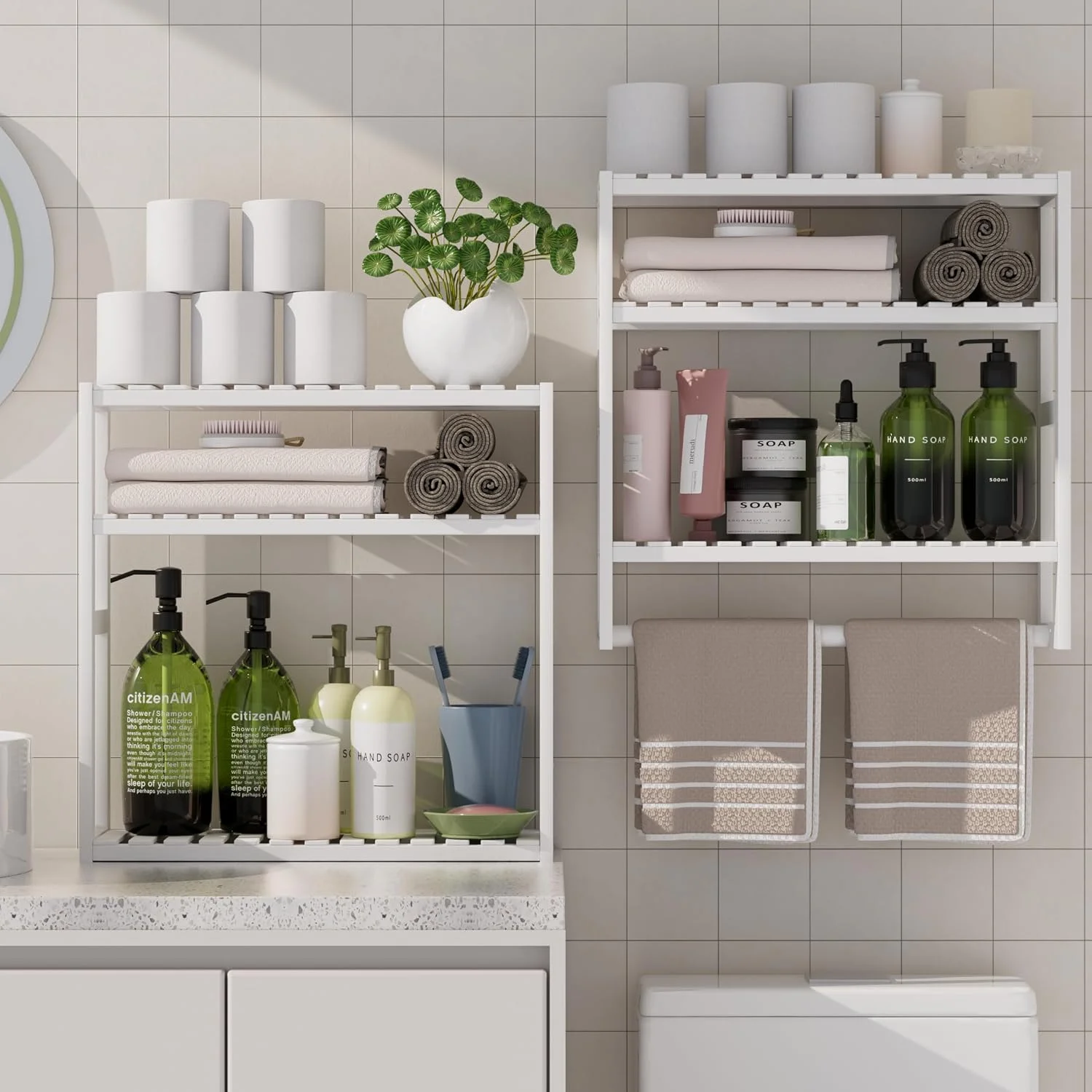 100% Bamboo Towel Rack Bathroom Storage Shelves Over Toilet Towel Bar - Image 5