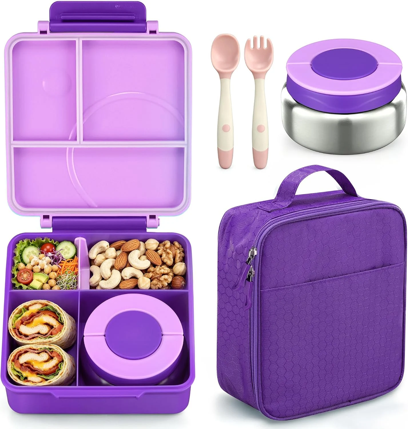 Bento Lunch Box Set for Kids with 8oz Soup Thermo, Leak-Proof Lunch Containers with 4 Compartment, Kids Thermo Hot Food Jar and Insulated Lunch Bag for Kid to School-Black - Image 3