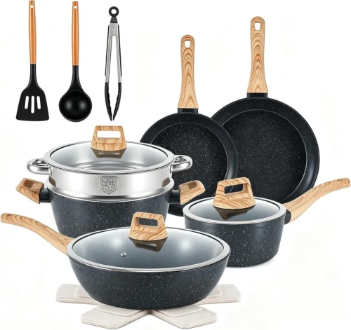 Anymark 16PCS Pots and Pans Set Non Stick Cookware (white, 16pieces)