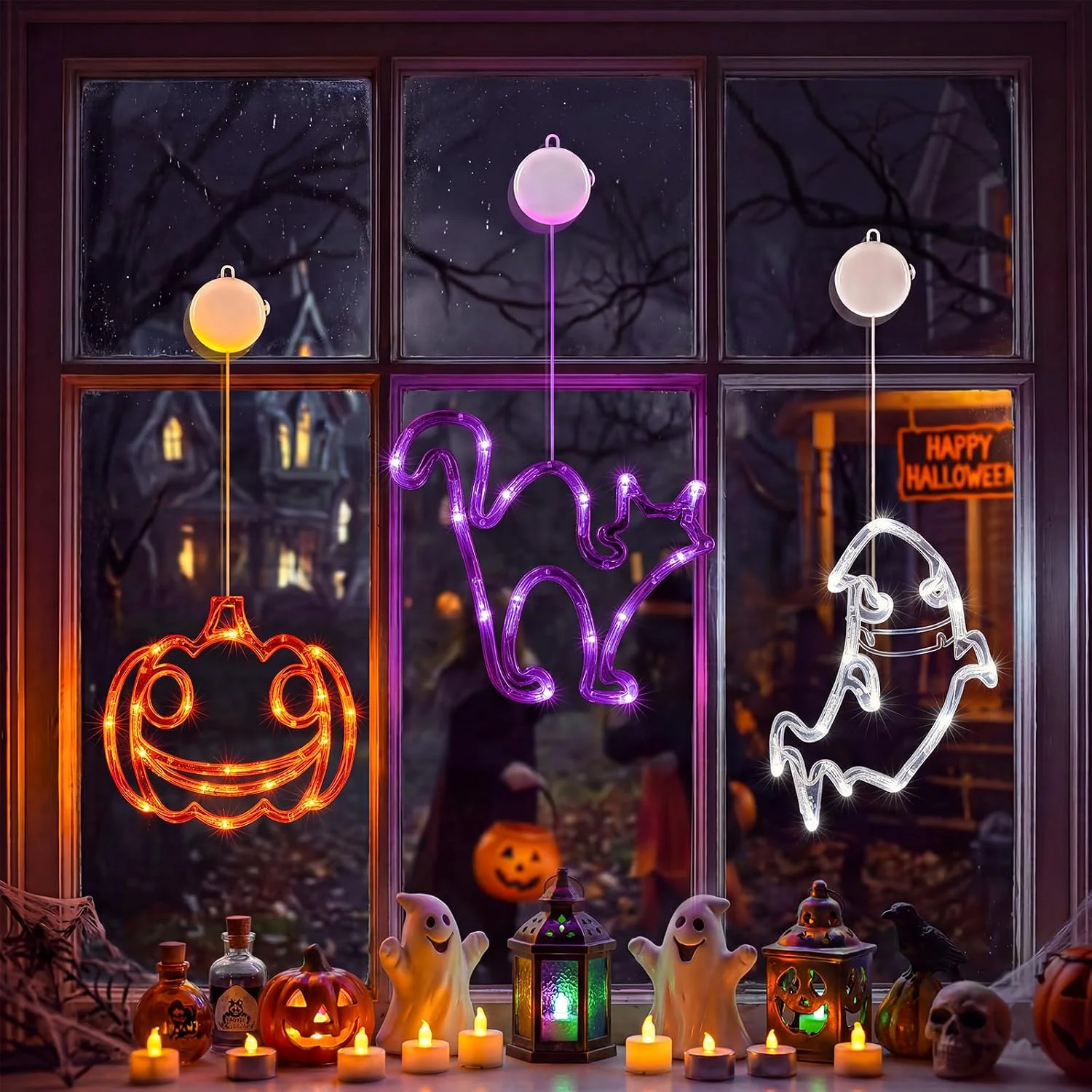 3 Pack Halloween Windows Lights - Pumpkin, Ghost, Hat with Timer - Image 3