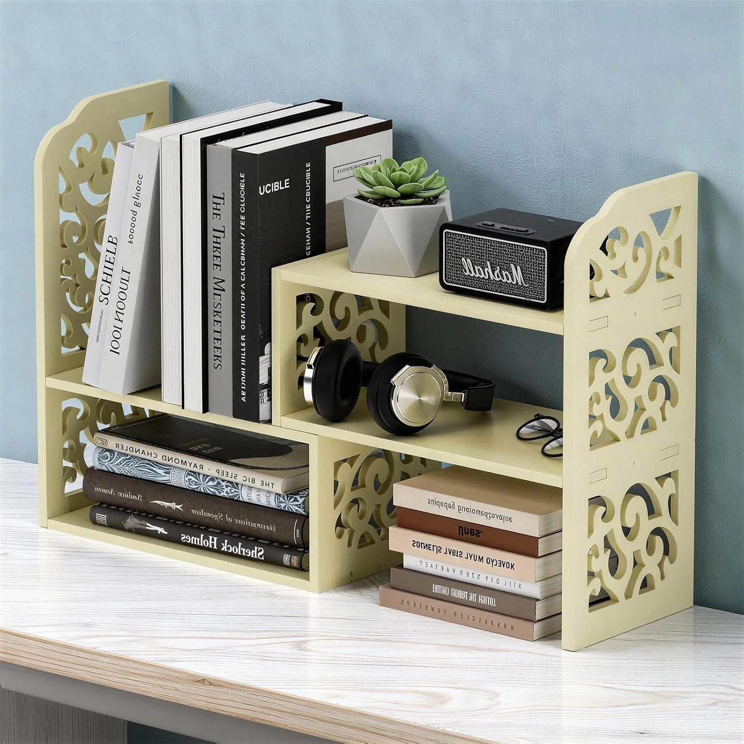 Adjustable Desktop Shelf Organizer, 3-Tier Desk Shelf, White Pattern - Image 4