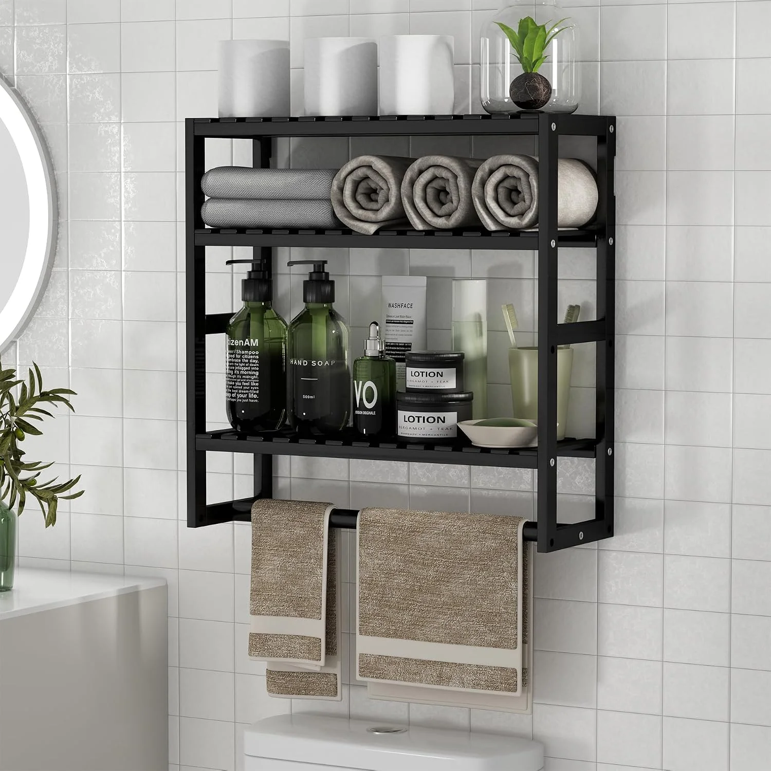 100% Bamboo Towel Rack Bathroom Storage Shelves Over Toilet Towel Bar