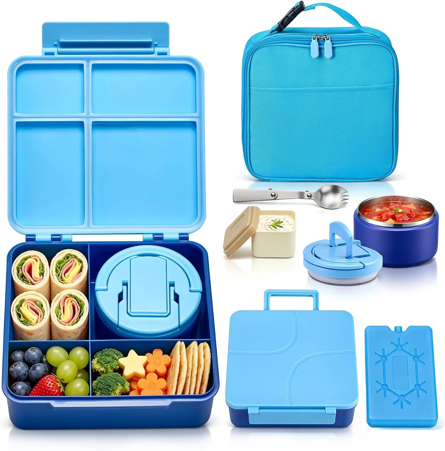 Bento Lunch Box with 8oz Soup Thermo, Kids Leakproof 4 Compartment Lunch Food Containers with Sauce Cup and Ice Pack, Kids Thermo Insulated Hot Food Jar and Lunch Bag for School, Trvael-Black - Image 2