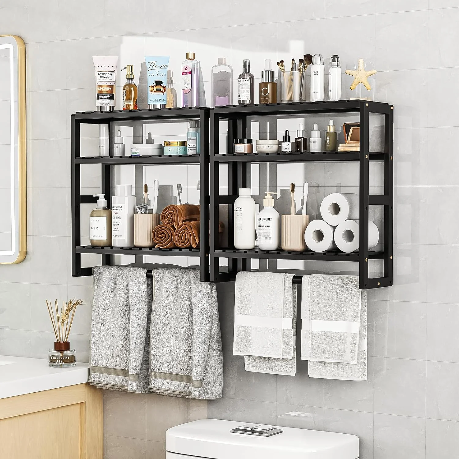 Over The Toilet Storage Bathroom Shelves Wall Mounted 3 Tier Black - Image 2