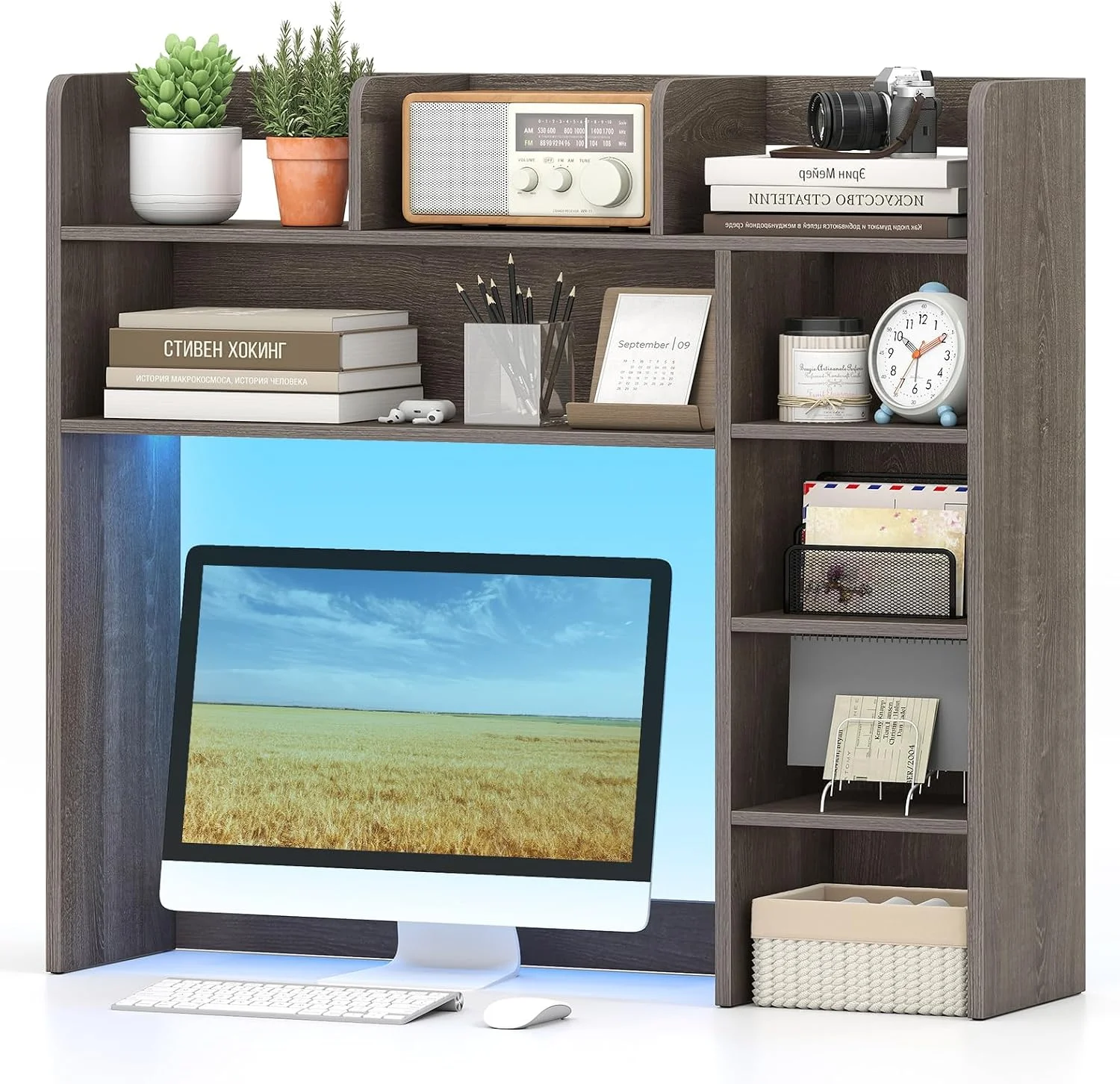 Desktop Bookshelf, Countertop Storage Hutch with 5 Shelves for Computer Desk, 3-Tier Display Rack, Multipurpose Wood Storage Organizer for Dorm Office Home - Image 29