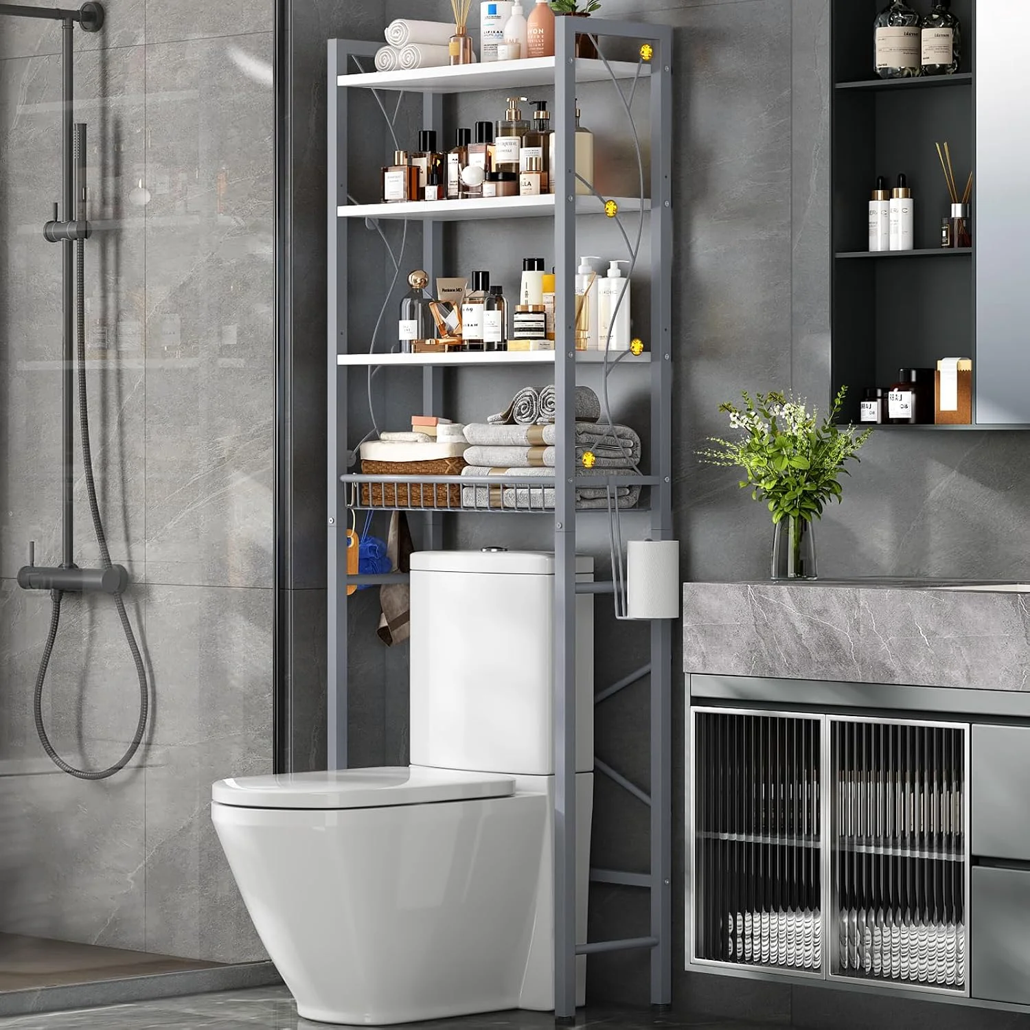 Over-The-Toilet Storage Rack, 4-Tier Bathroom Organizer Shelf Over Toilet with Adjustable Shelf and Basket, Freestanding Space Saver Bathroom Shelves Above Toilet for Room (Pure White) - Image 4