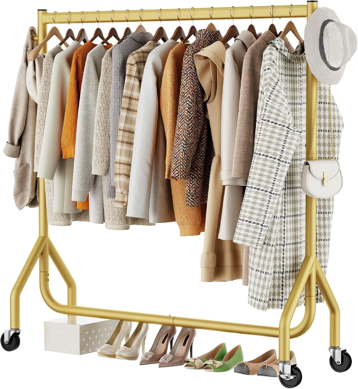 HYSEYY Double Rods Clothing Rack, Rolling Clothes Rack, Metal Garment Rack with 4 Lockable Wheels & Storage Shelf, Sturdy Coat Rack for Bedroom, Laundry, Living Room - 160H x 113W x 42D cm (Black)