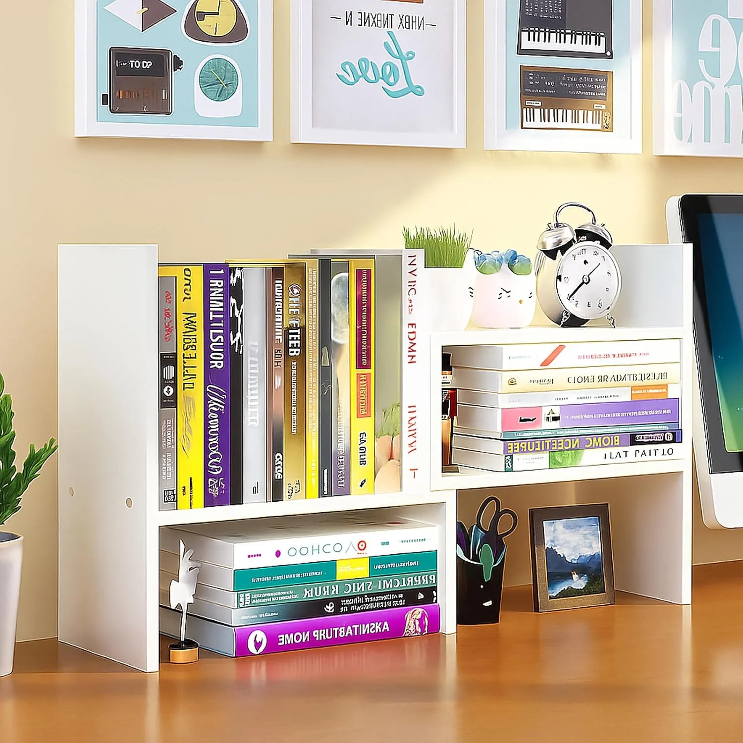Desktop Shelf Organizer, Adjustable Wood Office Storage Rack, Counter Display Small Bookshelf for Home/Office/School(White) - Image 2