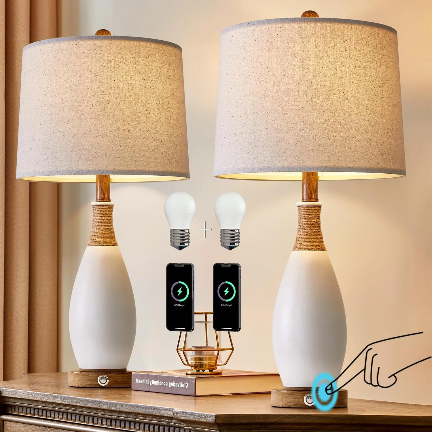 19'' Small Boho Table Lamps for Bedroom Set of 2 for Bedside - Image 3