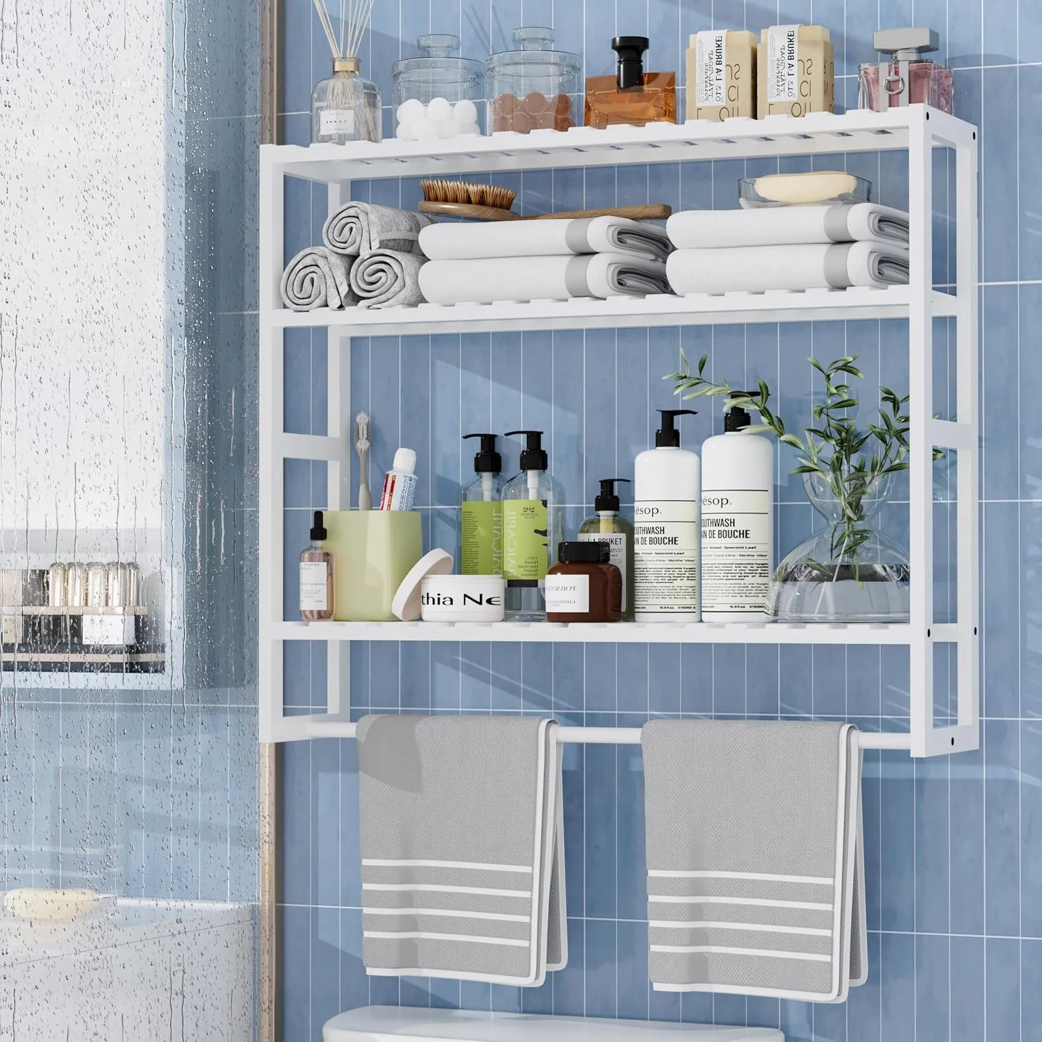 100% Bamboo Towel Rack Bathroom Storage Shelves Over Toilet Towel Bar - Image 2