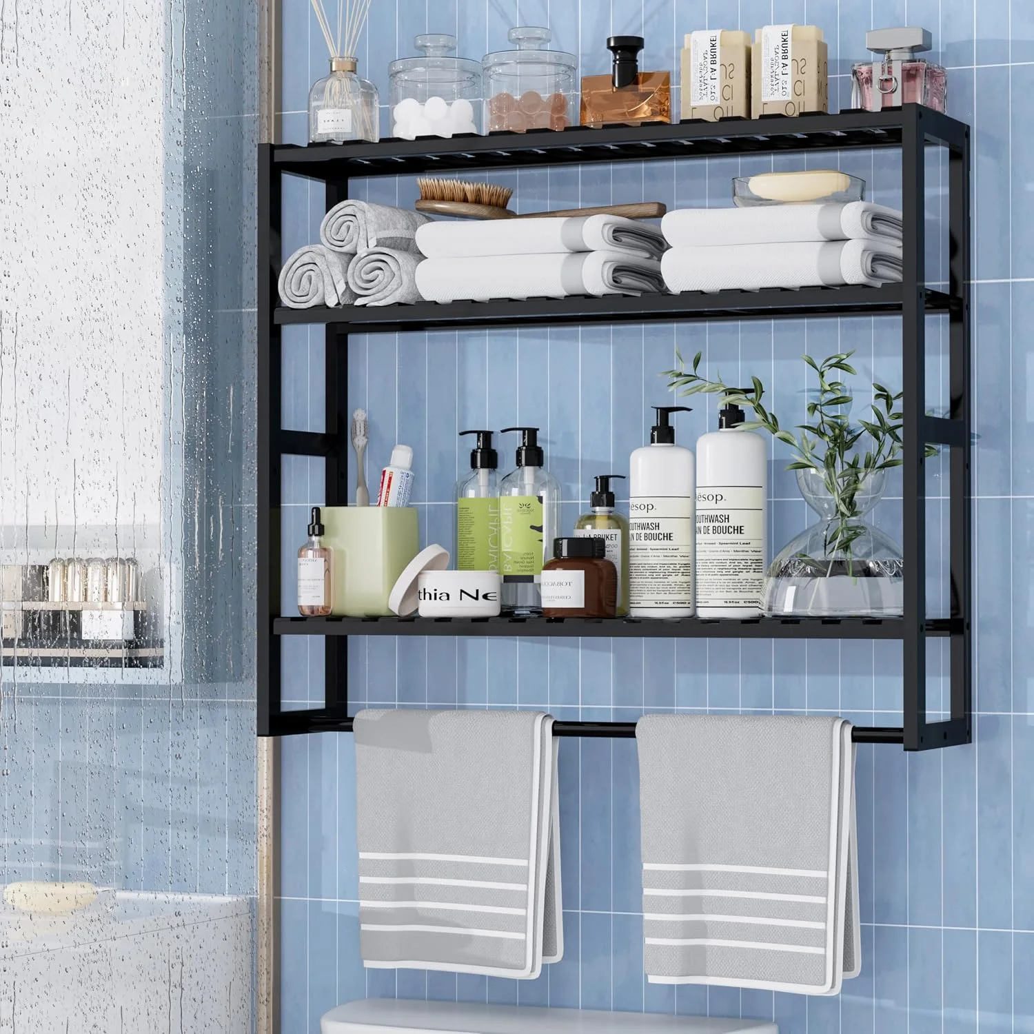 100% Bamboo Towel Rack Bathroom Storage Shelves Over Toilet Towel Bar - Image 3