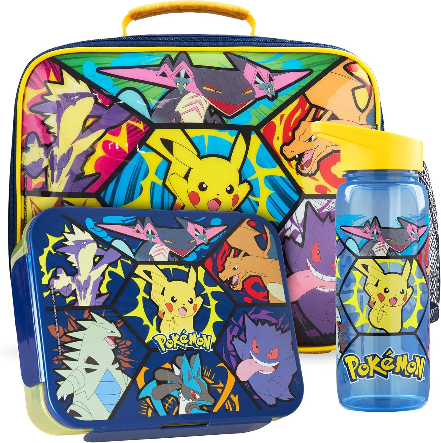 Get Trend Pokemon Insulated Lunch Bag 3Pc Set with Reusable Bento Box & 21.6 fl oz BPA-Free Water Bottle with Straw, Lightweight Pikachu Kids Lunch Box, Gamer Gifts for Boys (Multi Pokemon) - Image 2