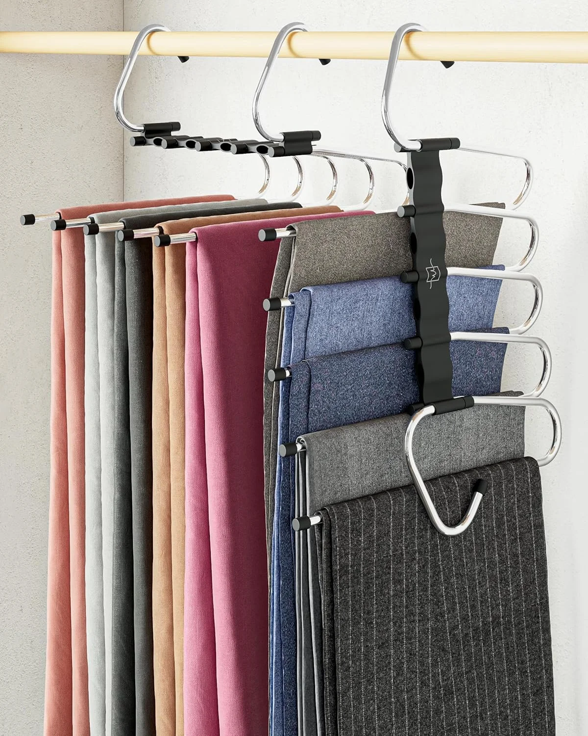 MORALVE Pants Hangers Space Saving - 2 Pack - Non-Slip Multi-Layer Space Saving Hangers - Multifunctional Clothing Rack for Closet Storage - Ideal for Jeans, Trousers, Skirts, Scarves & Slacks (Black) - Image 2