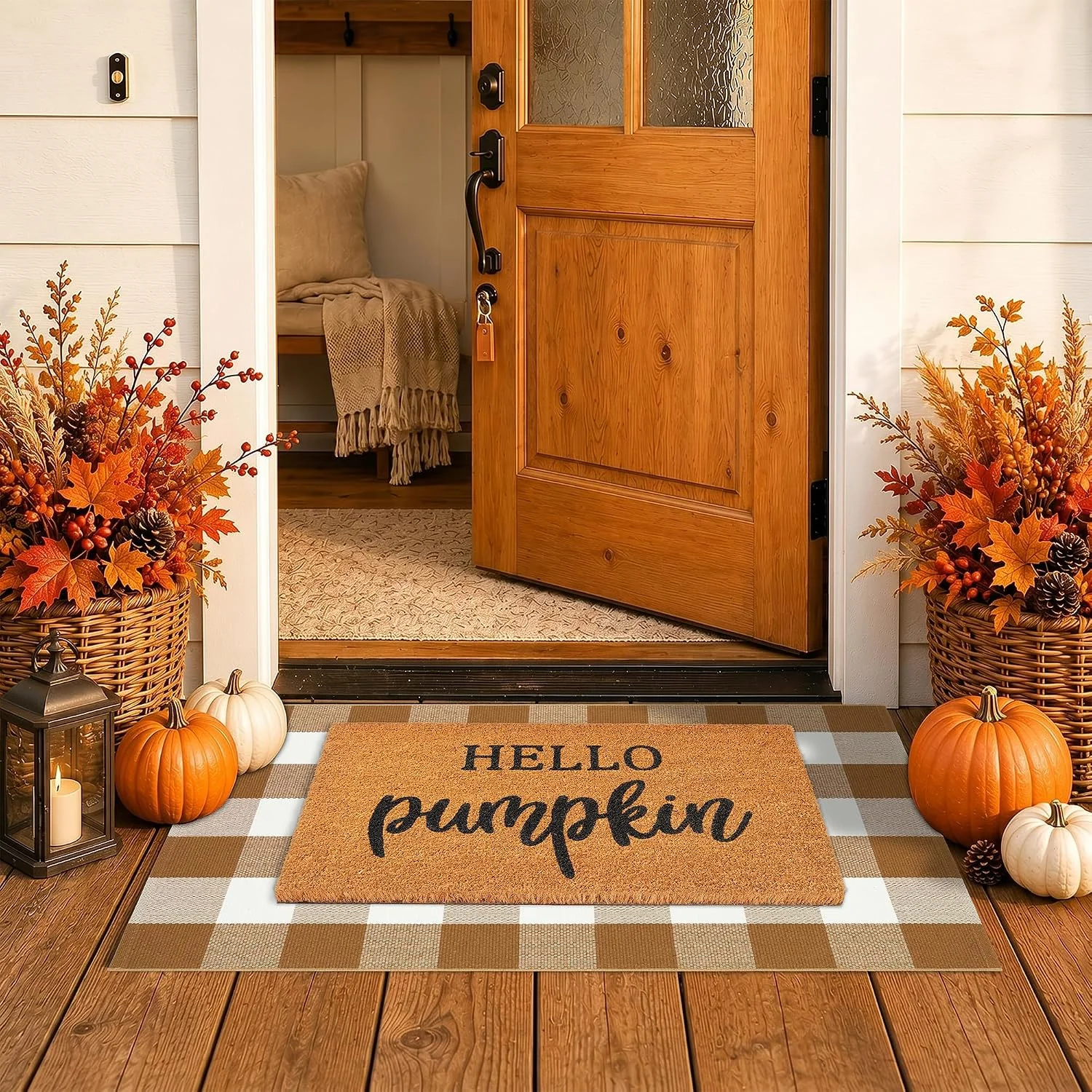Decor Door Mat Combo Set, 100% Coco Coir Welcome Mat + 28 x 43 Inches Orange and Black Plaid Rug- Fall Thanksgiving Front Porch Entryway Floor Doormat - Image 3