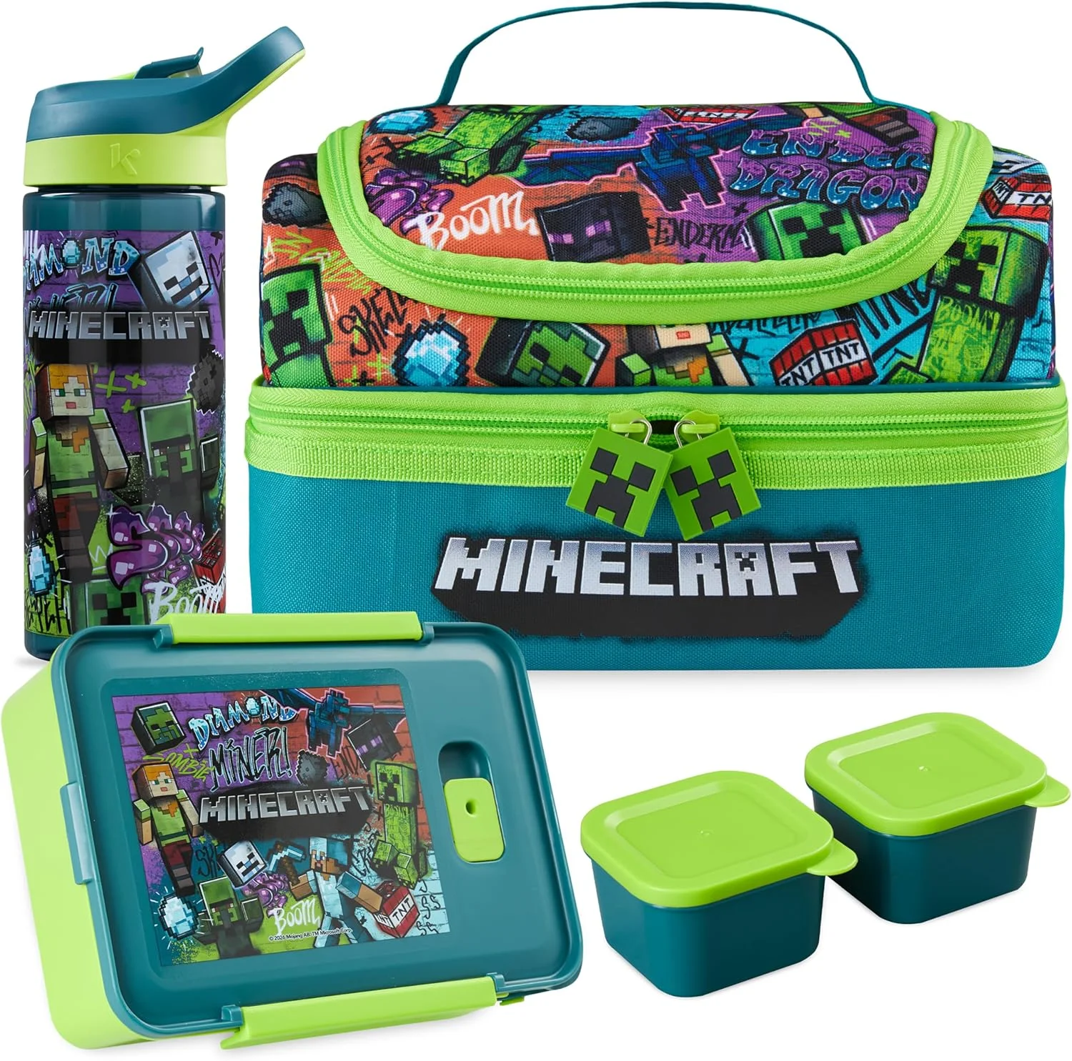 Get Trend Minecraft Kids Lunch Box 3 Pc Set with Insulated Lunch Bag, Bento Box with Two Mini Pots & 20 fl oz Water Bottle with Straw for School, Picnic, Creeper Gamer Gifts for Boys (Multi Minecraft) - Image 2