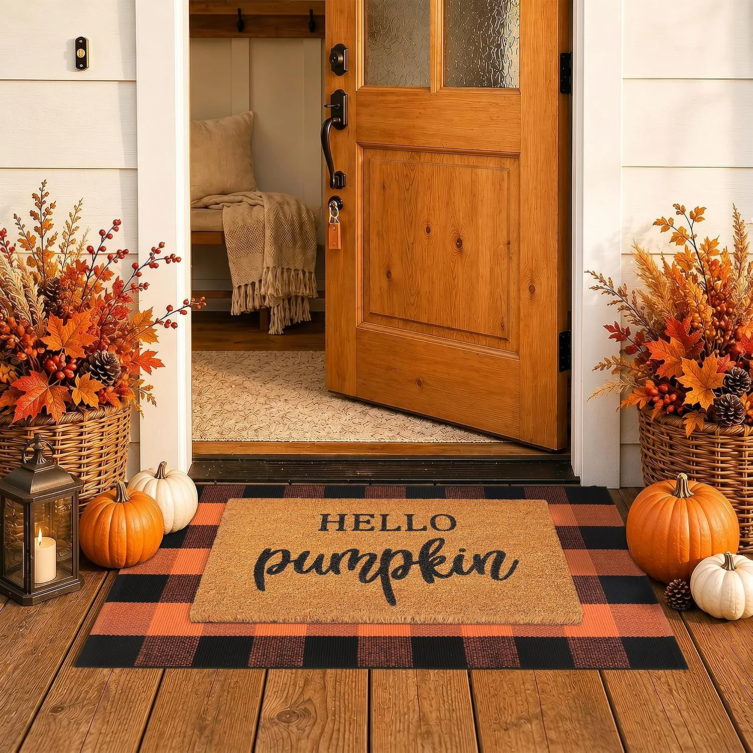 Decor Door Mat Combo Set, 100% Coco Coir Welcome Mat + 28 x 43 Inches Orange and Black Plaid Rug- Fall Thanksgiving Front Porch Entryway Floor Doormat - Image 2