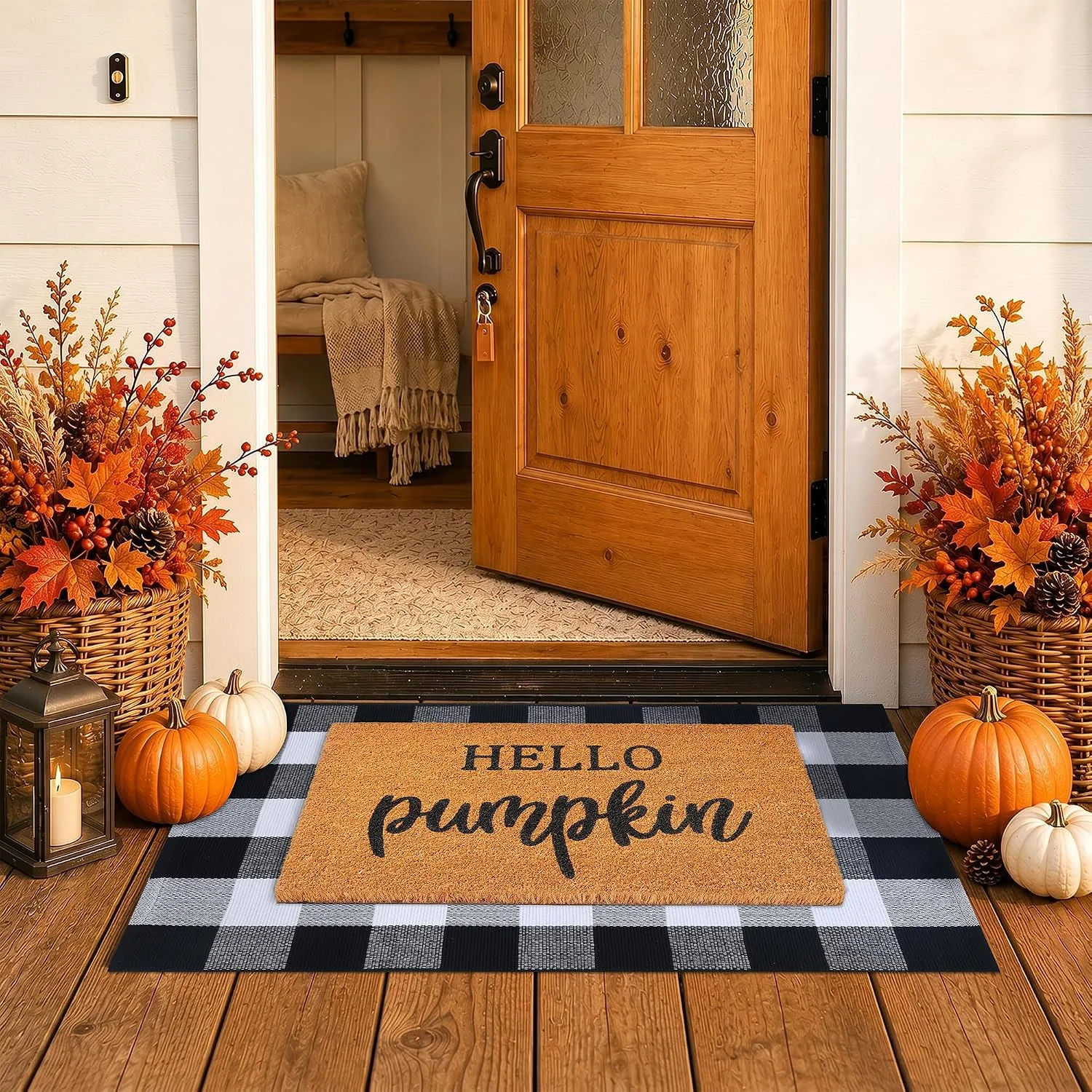 Decor Door Mat Combo Set, 100% Coco Coir Welcome Mat + 28 x 43 Inches Orange and Black Plaid Rug- Fall Thanksgiving Front Porch Entryway Floor Doormat - Image 4