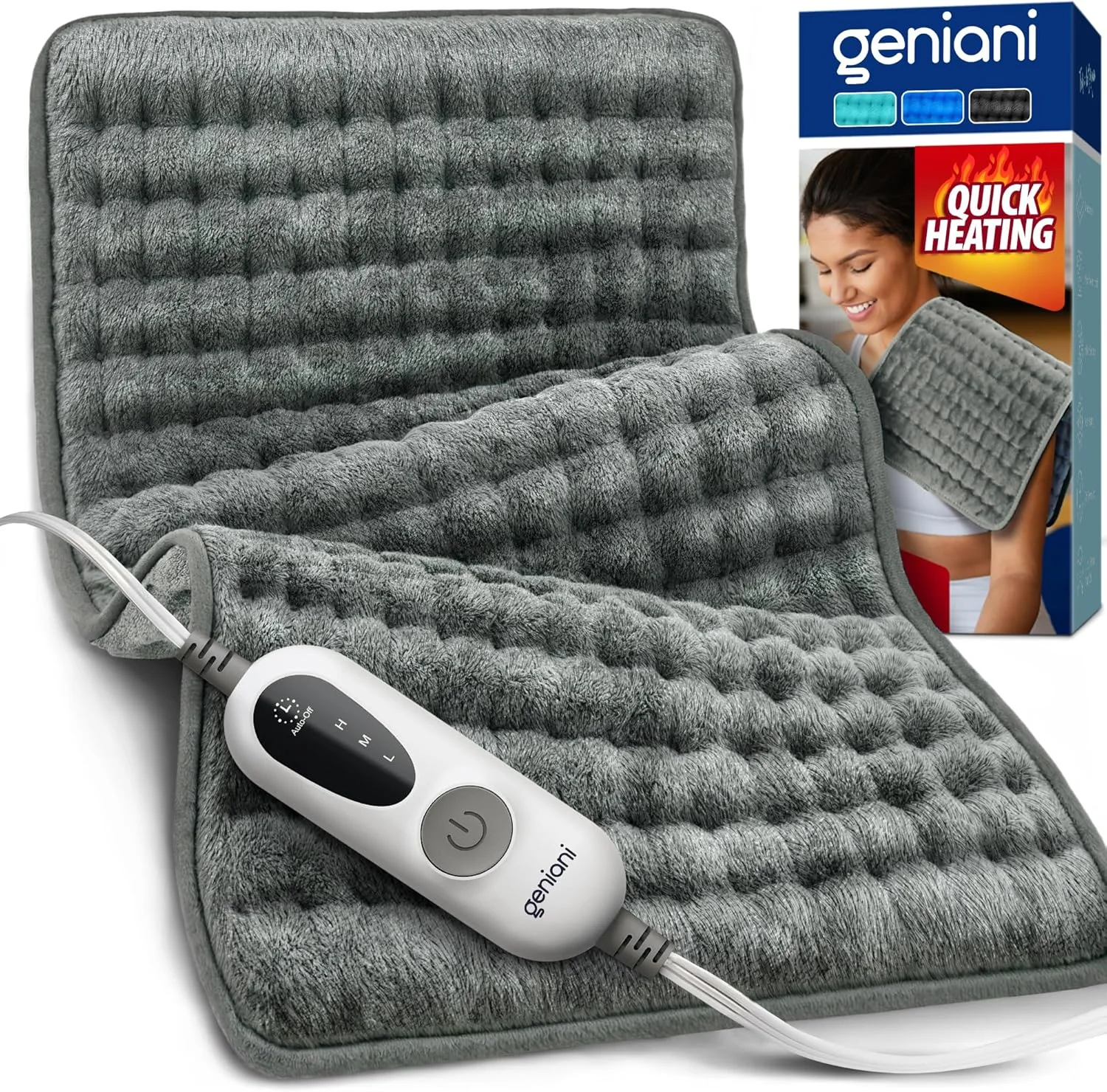 GENIANI Electric Heating Pad for Back Pain & Cramps Relief, Electric Throw, Self Care Gifts for Women, Heating Pad for Neck & Shoulder, Machine Washable Microplush, Auto Shut Off (12x24, Tabby Gray) - Image 3